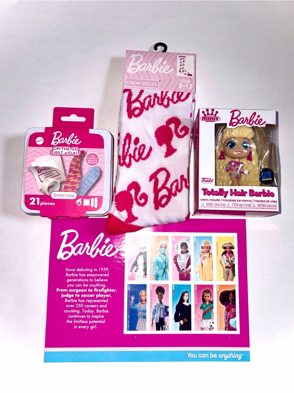 4 PC Barbie Lot: 10Pc Barbie stamps, 21 pc First Aid, Funko Pop Mini, Crew Socks